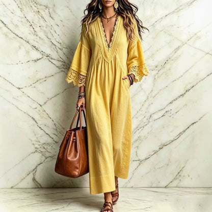 Robe longue bohème en dentelle et col en V pour femme, ample, manches 3/4, pour la plage ou les vacances