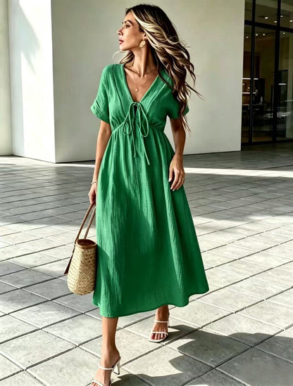 Crinkle‑Textured Tie‑Front V‑Neck Midi Dress - Green / S