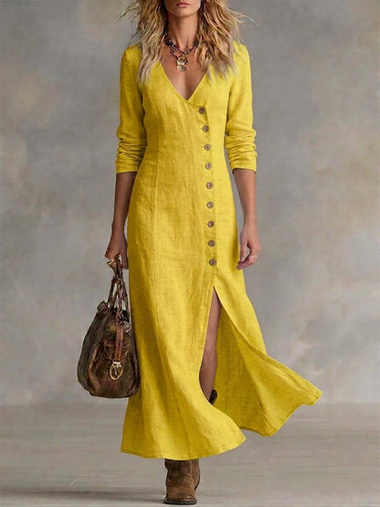 Robes longues mode en coton et lin à plusieurs boutons