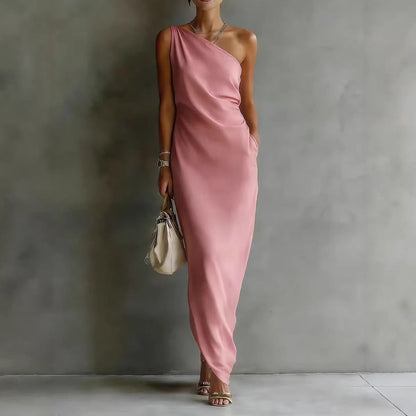Solid Color Satin Slant Shoulder Drape Slim Long Dress