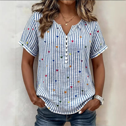 Colorful Heart Striped Henley Blouse