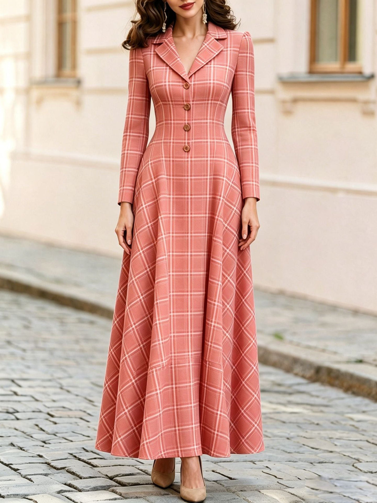 Classic Plaid Long Sleeve Maxi Dress