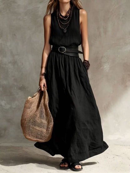 Robe longue sans manches à col montant et ceinture