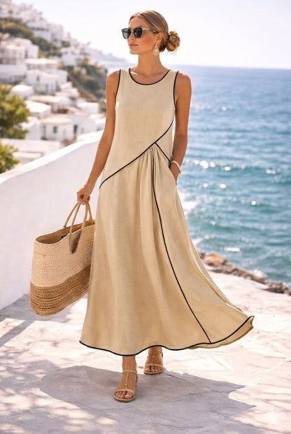 Contrast Piping Sleeveless A-Line Maxi Dress With Side Pockets
