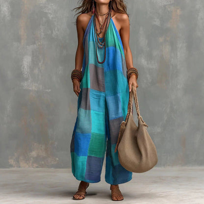 Boho Patchwork Halter Wide-Leg Jumpsuit