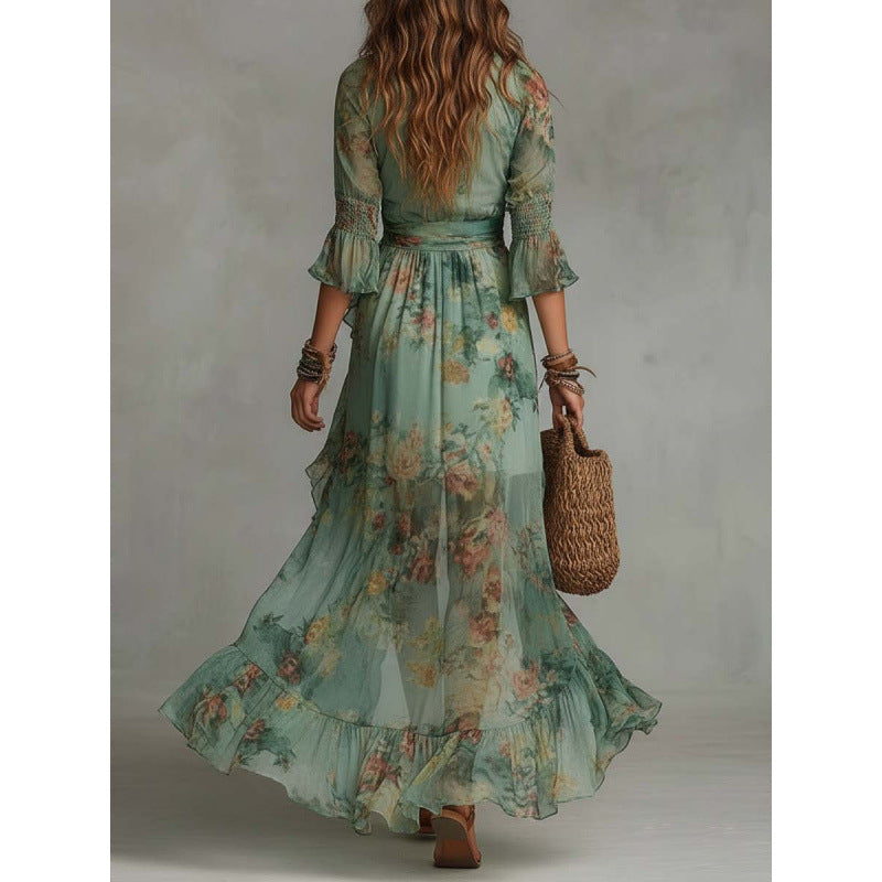 Deep‑V Smocked Waist Floral Chiffon Wrap Maxi Dress With Ruffled High‑Low Hem