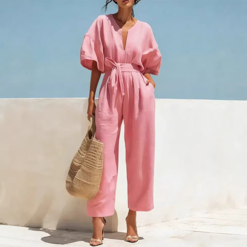 Women's Casual Linen Jumpsuit with Lantern Sleeves