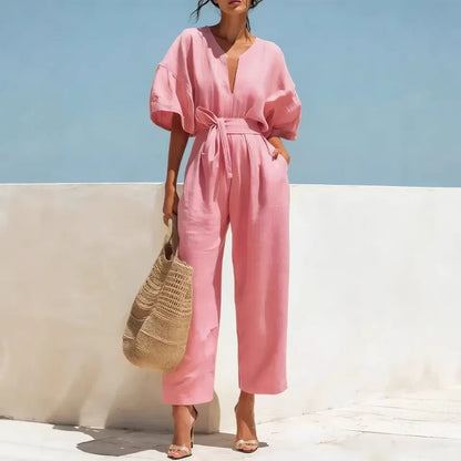 Women's Casual Linen Jumpsuit with Lantern Sleeves