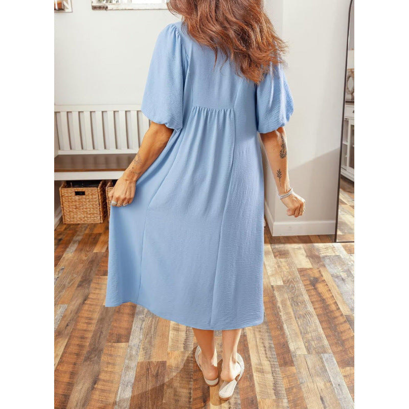 Smocked V‑Neck Puff‑Sleeve Midi Dress