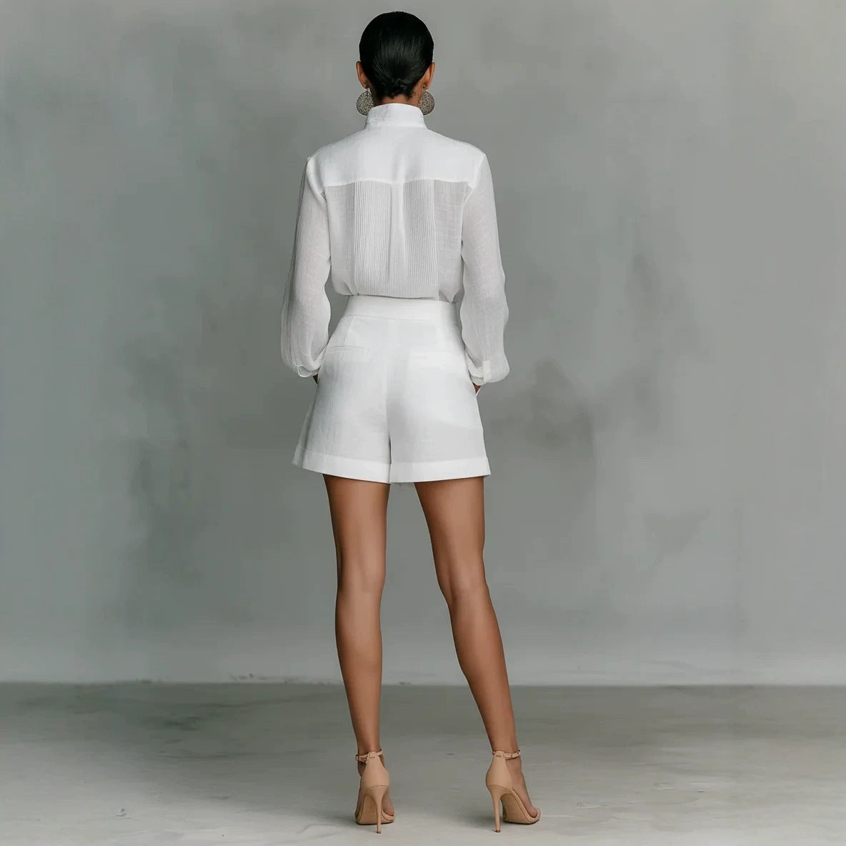 Women's Minimalist Linen-Blend Stand-Collar Single-Breasted Long-Sleeve Shirt And Shorts Set