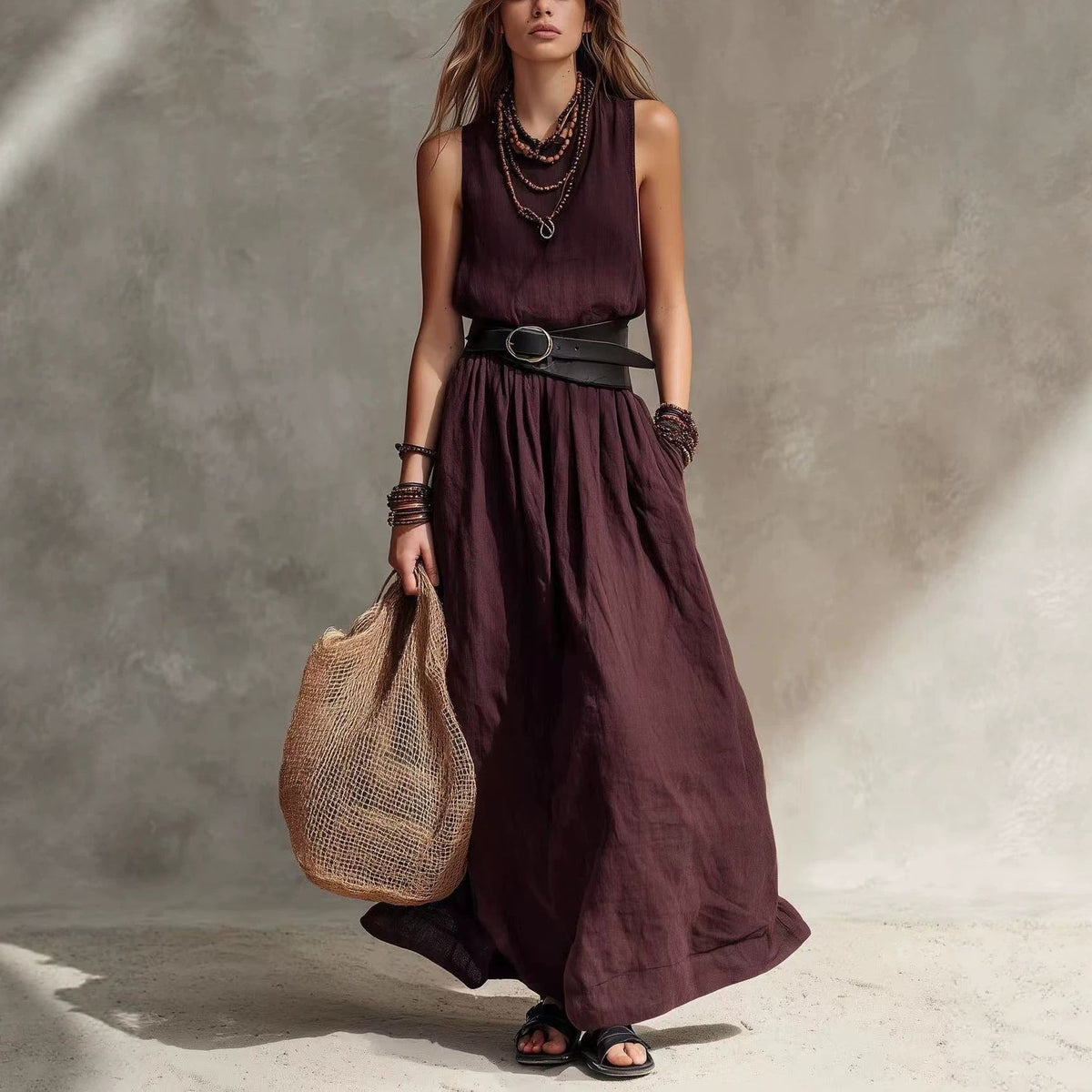 Robe longue sans manches à col montant et ceinture