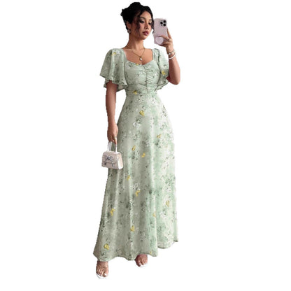 Floral Print Ruched Flutter Sleeve Maxi Dress