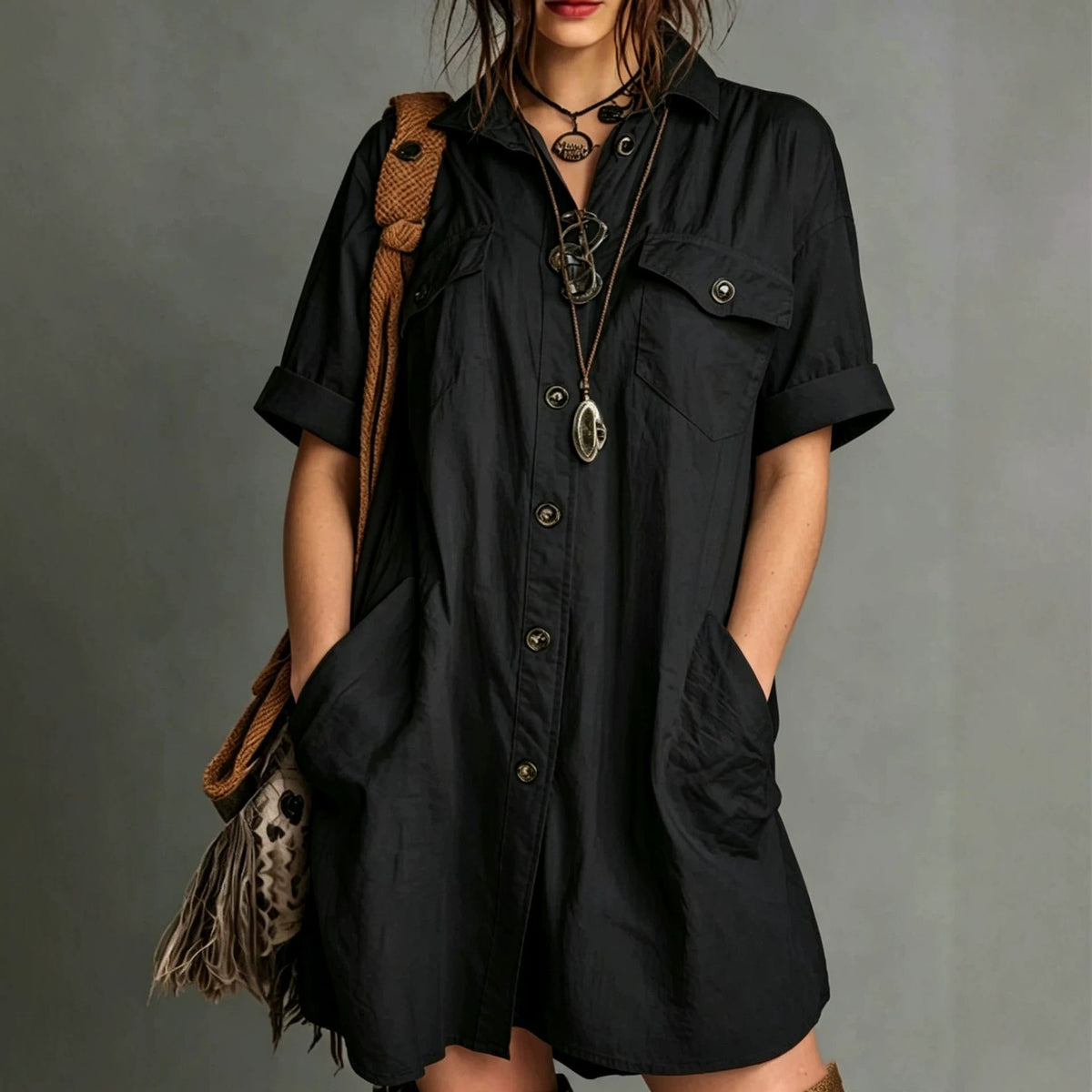 Oversized Short Sleeve Button Down Shirt Mini Dress with Pockets