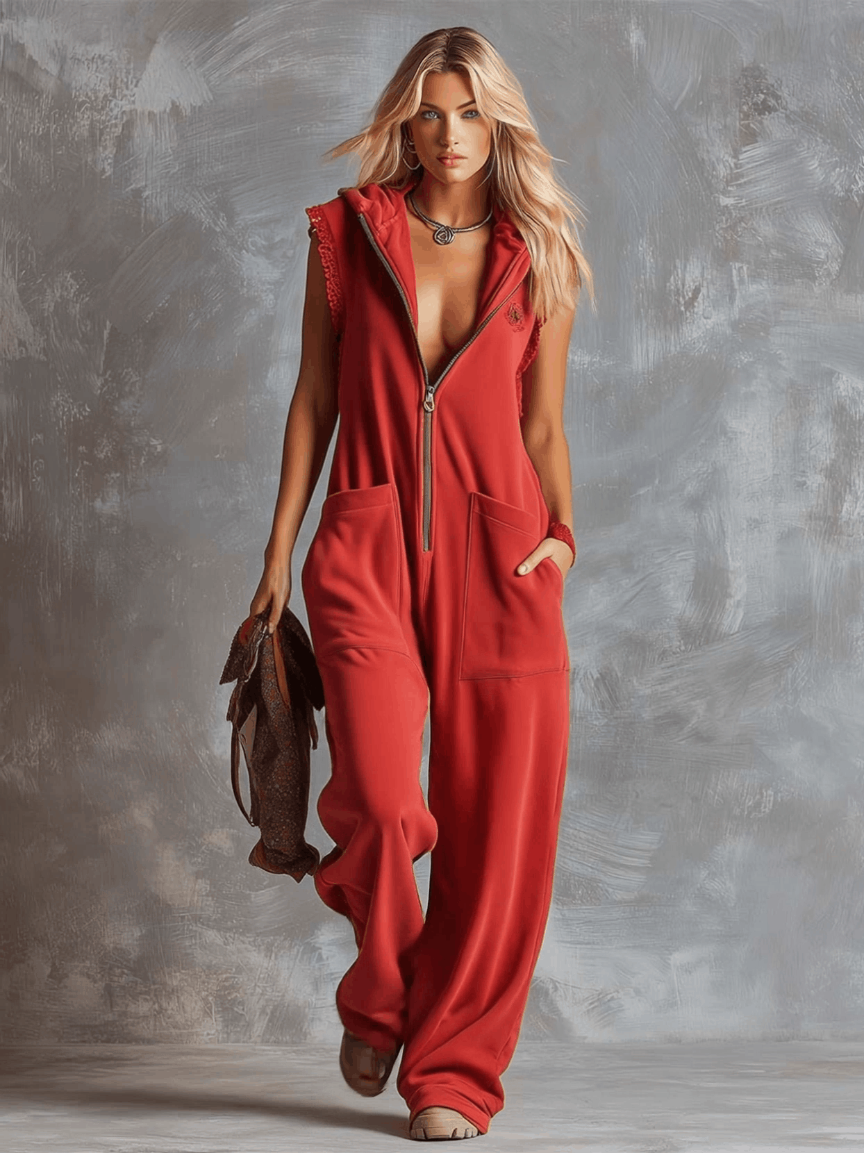 Combinaison‑pantalon en coton rouge framboise, à col V à capuche, fermeture à glissière sur le devant, style sportif et mode rétro