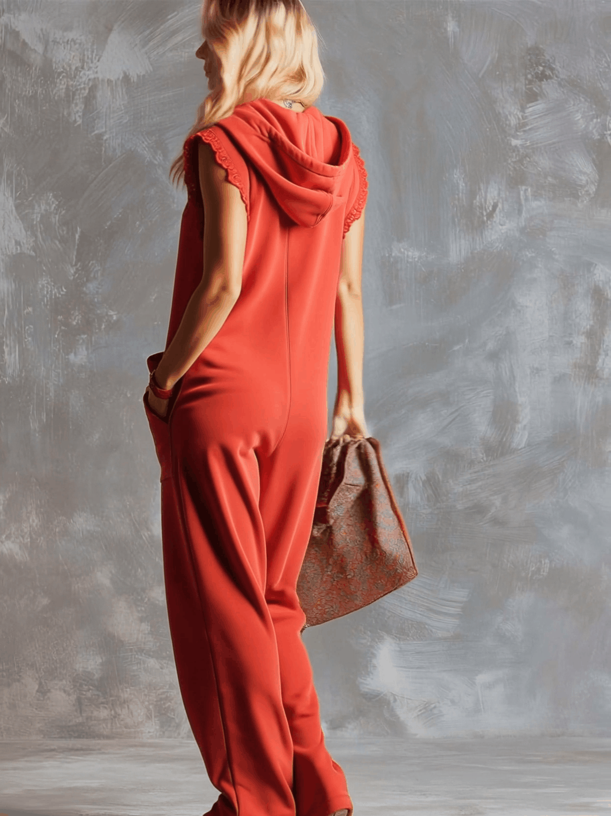 Combinaison‑pantalon en coton rouge framboise, à col V à capuche, fermeture à glissière sur le devant, style sportif et mode rétro