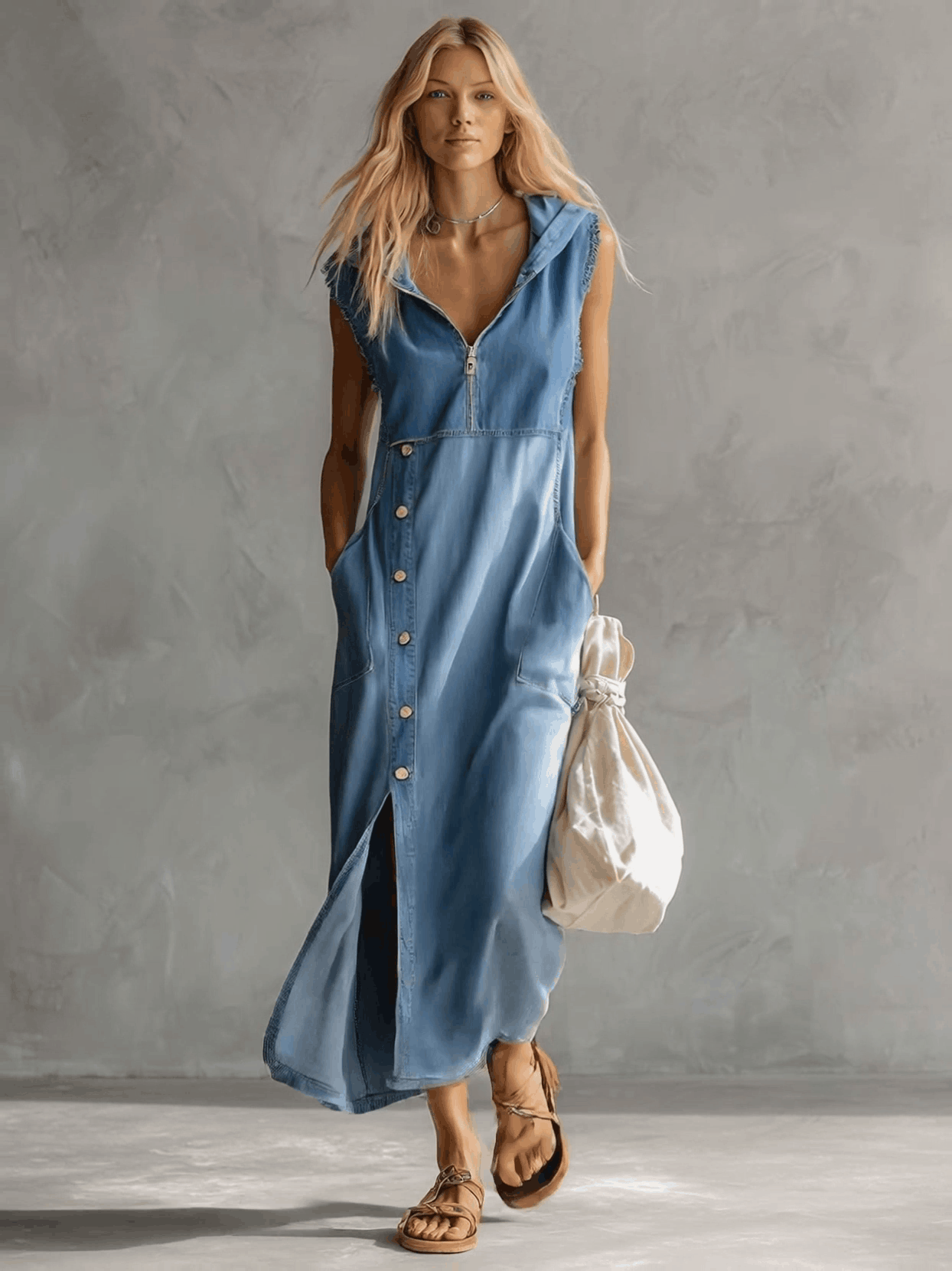 Robe midi en jean bleu vintage décontractée et raffinée, à capuche, col V, fermeture à glissière, fentes latérales et boutons