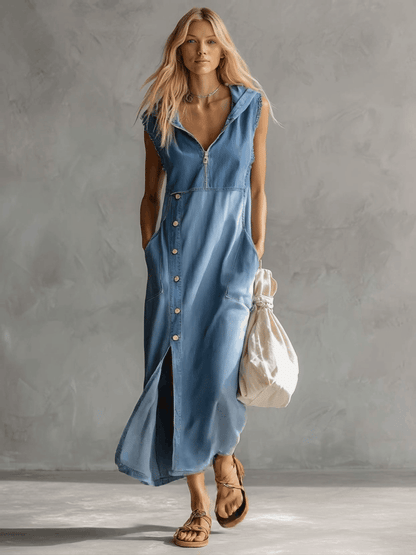 Robe midi en jean bleu vintage décontractée et raffinée, à capuche, col V, fermeture à glissière, fentes latérales et boutons