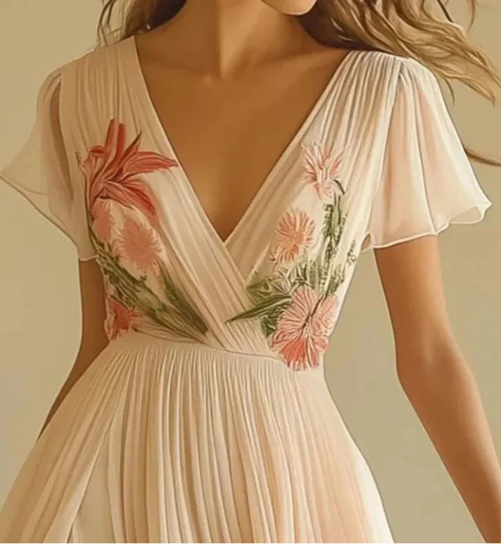 Robe longue rose à manches courtes et col en V