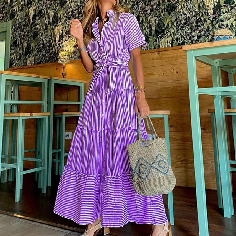 Robe maxi ample à manches courtes et imprimé rayé tendance