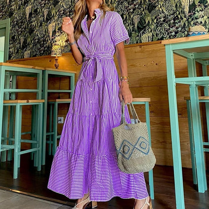 Robe maxi ample à manches courtes et imprimé rayé tendance