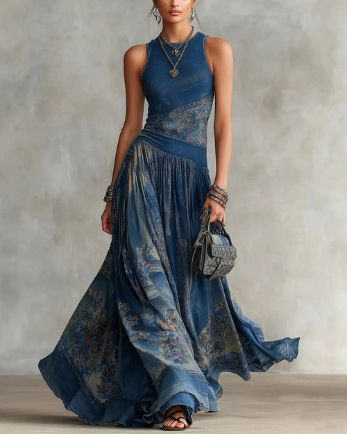 Robe débardeur élégante sans manches imprimée rétro