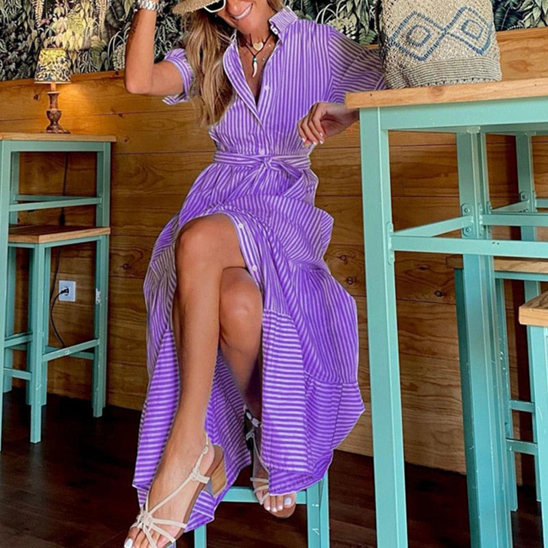 Robe maxi ample à manches courtes et imprimé rayé tendance