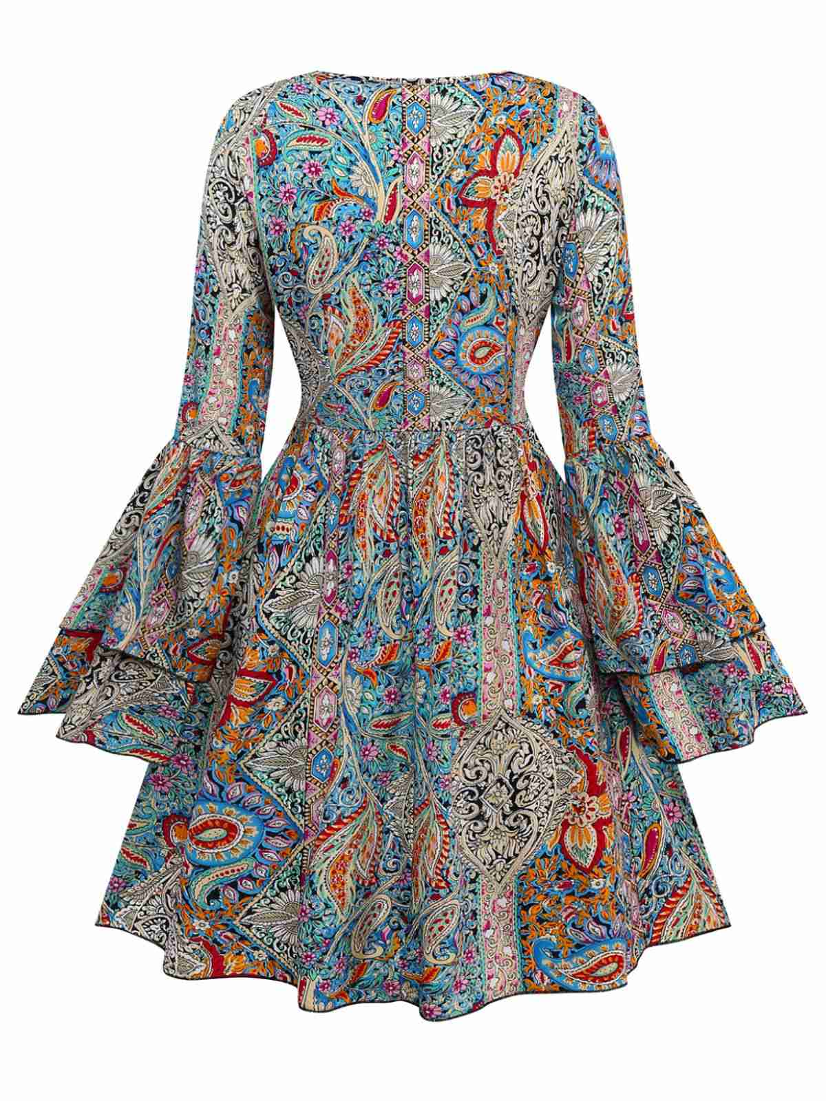 Robe bohème à motifs cachemire et fleurs, manches cloche