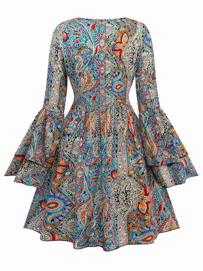 Robe bohème à motifs cachemire et fleurs, manches cloche