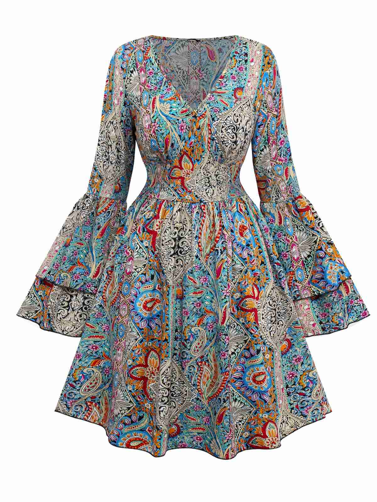 Robe bohème à motifs cachemire et fleurs, manches cloche