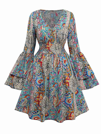 Robe bohème à motifs cachemire et fleurs, manches cloche