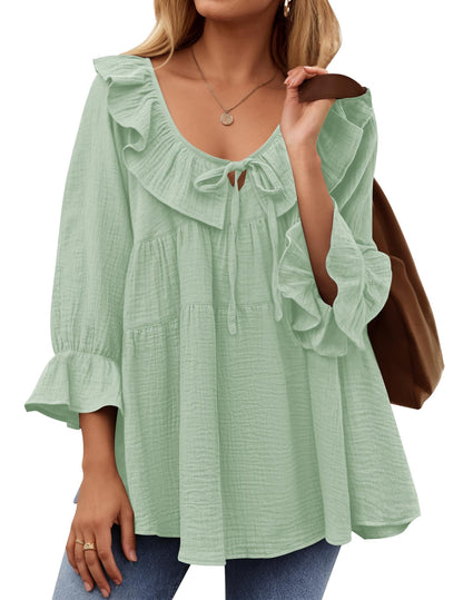 Women’s Scoop Neck 3/4 Length Sleeve Tie Front Ruffle Tiered Tunic Shirts