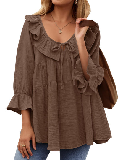 Women’s Scoop Neck 3/4 Length Sleeve Tie Front Ruffle Tiered Tunic Shirts
