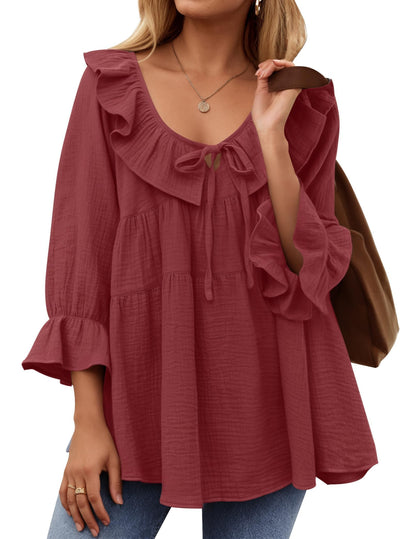 Women’s Scoop Neck 3/4 Length Sleeve Tie Front Ruffle Tiered Tunic Shirts