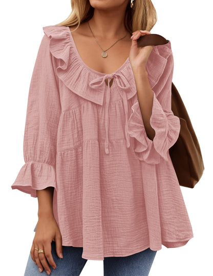 Women’s Scoop Neck 3/4 Length Sleeve Tie Front Ruffle Tiered Tunic Shirts