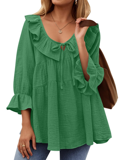 Women’s Scoop Neck 3/4 Length Sleeve Tie Front Ruffle Tiered Tunic Shirts