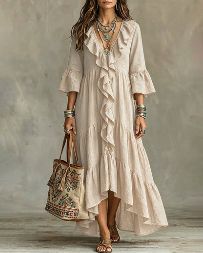Robe Fluide à Volants et Col Plongeant pour Vacances