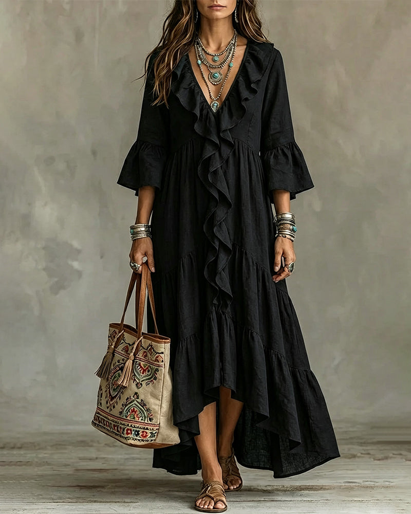 Robe Fluide à Volants et Col Plongeant pour Vacances