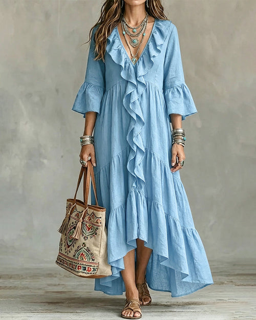 Robe Fluide à Volants et Col Plongeant pour Vacances
