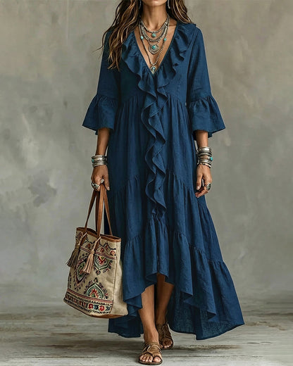 Robe Fluide à Volants et Col Plongeant pour Vacances