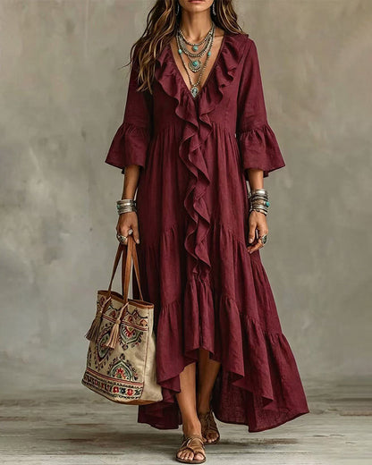 Robe Fluide à Volants et Col Plongeant pour Vacances