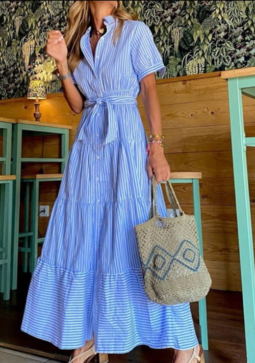 Robe maxi ample à manches courtes et imprimé rayé tendance
