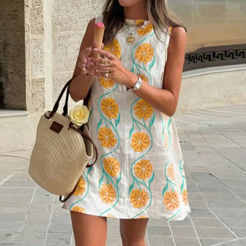Élégante robe mini femme d’été, col rond sans manches, coupe ample, imprimé floral, style bohème‑chic, idéale pour les vacances et les soirées