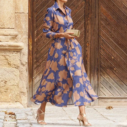 Maxi‑robe chemise femme décontractée, coupe fluide, col chemise, boutons, poches, manches longues, coupe ample, motif floral, pour rendez‑vous et vacances, printemps‑été