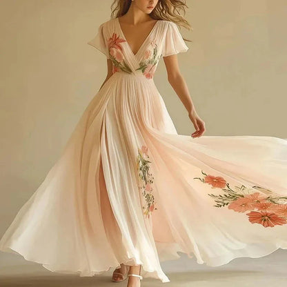 Robe longue rose à manches courtes et col en V