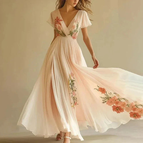 Robe longue rose à manches courtes et col en V
