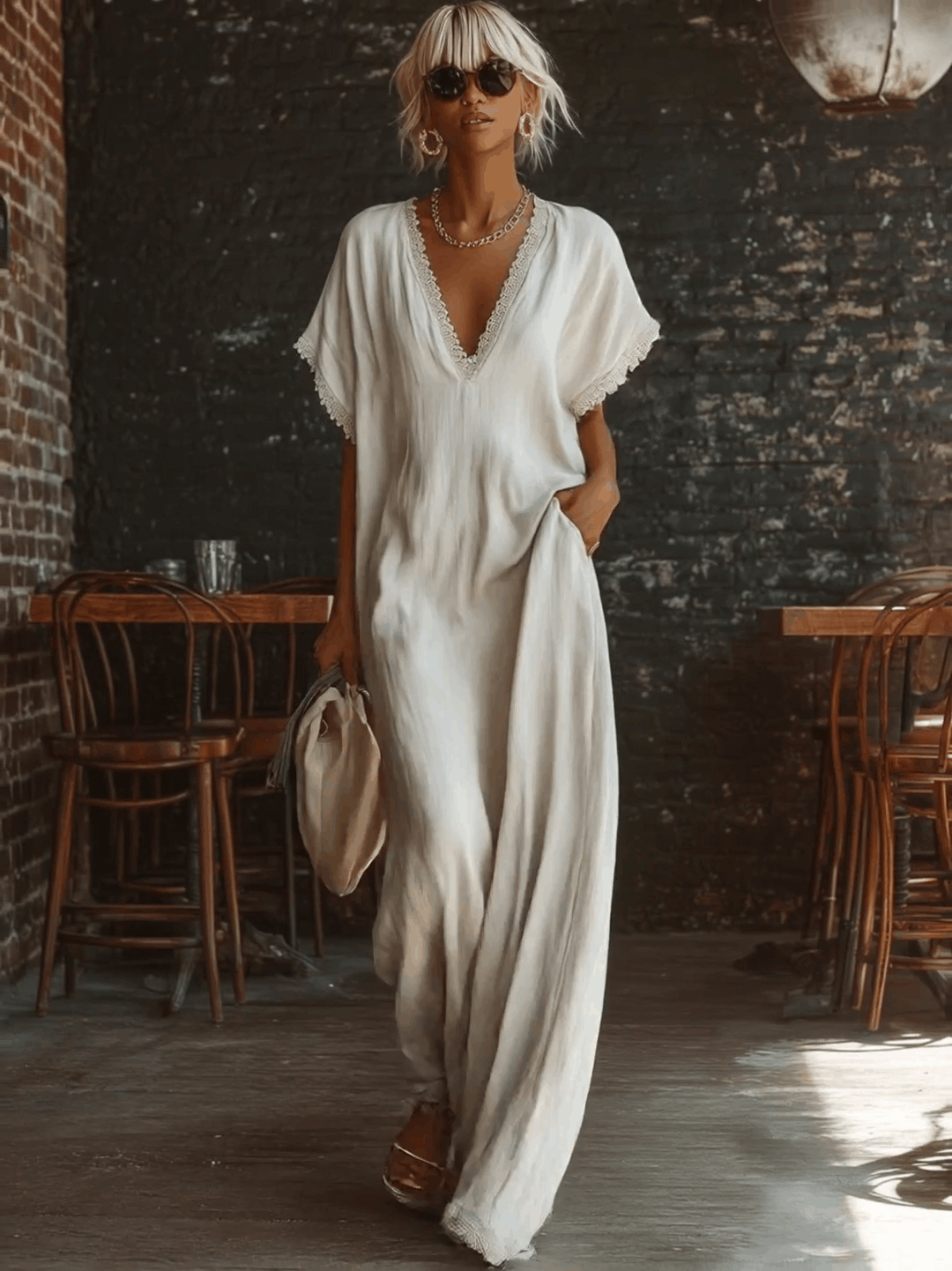 Robe maxi urbaine en coton blanc à col V, manches courtes et bordures en dentelle, style bohème décontracté