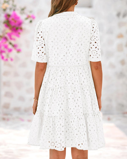 Robes d'été à col en V, manches courtes, dentelle ajourée et volants pour femmes