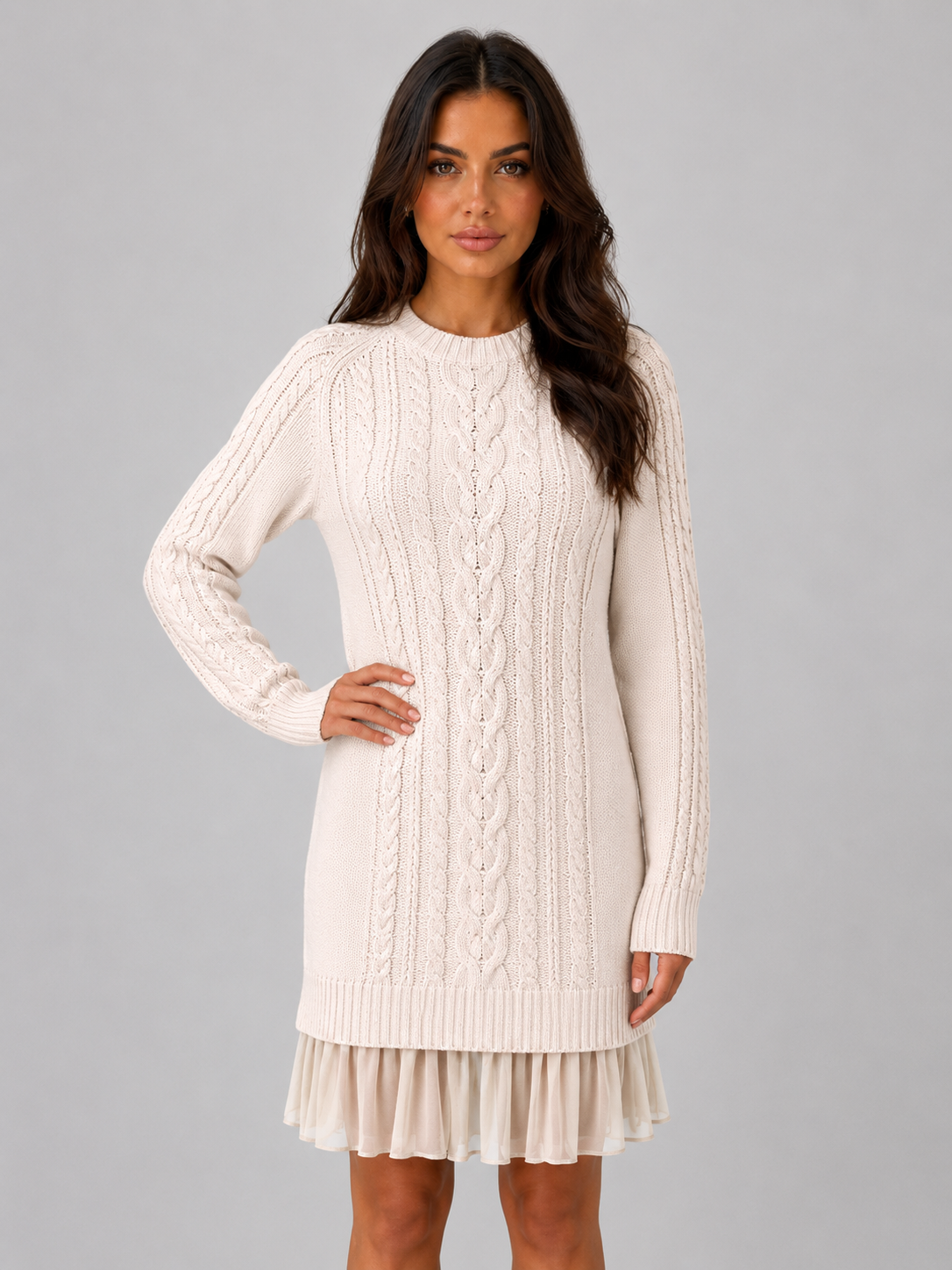 Women’s Cable Knit Sweater Dress – Pleated Hem Mini Style - Cream / S - Mini Dress