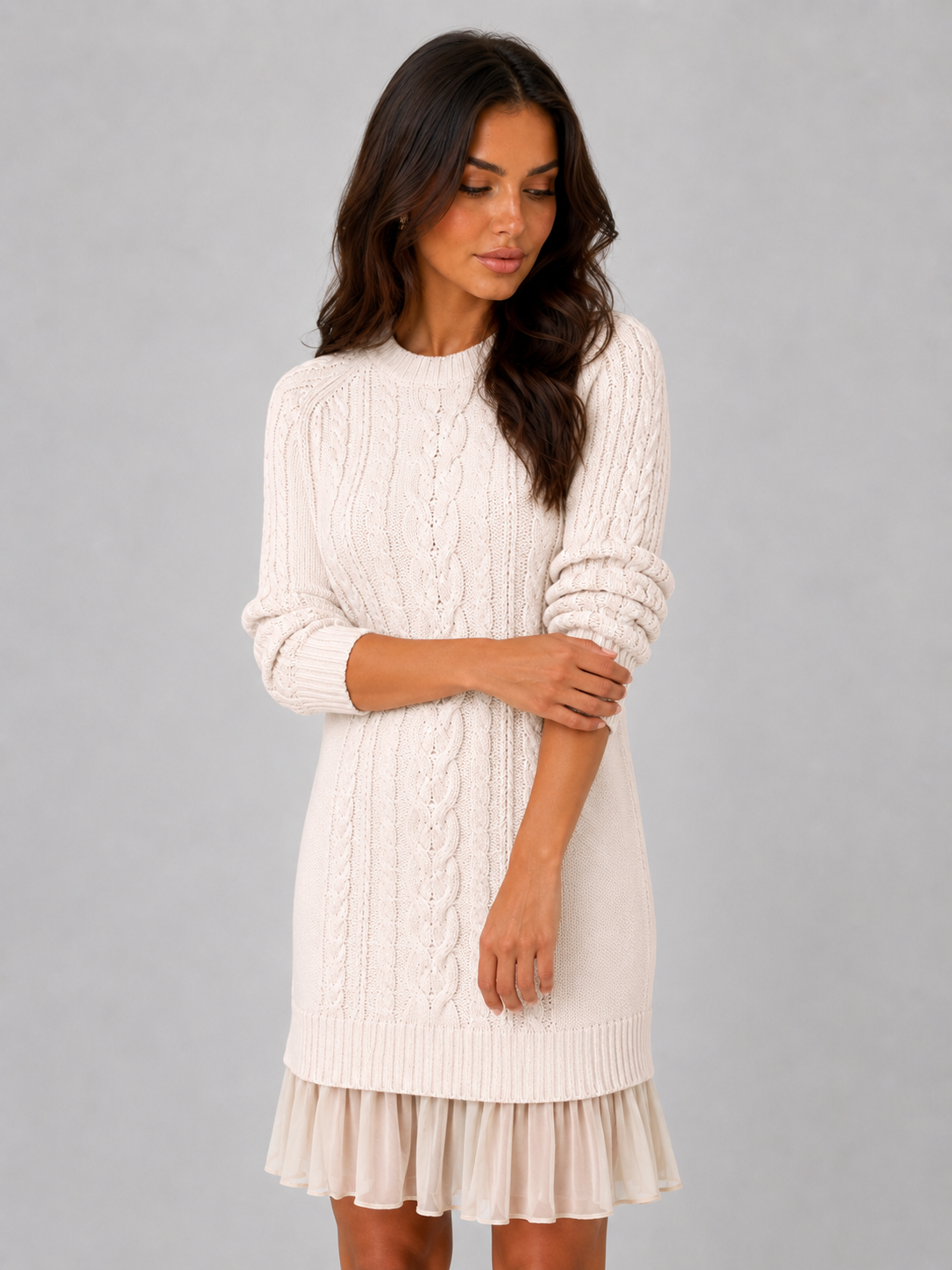 Women’s Cable Knit Sweater Dress – Pleated Hem Mini Style - Mini Dress