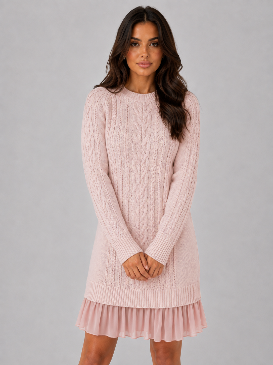 Women’s Cable Knit Sweater Dress – Pleated Hem Mini Style - Pink / S - Mini Dress